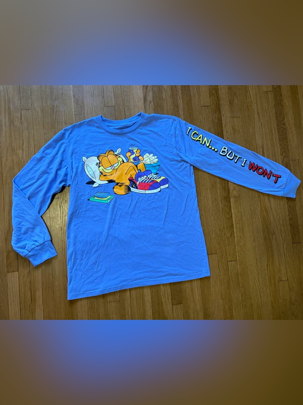Garfield Grunge Y2K Long Sleeve Minimalist Graphic Shirt Blue Size M
